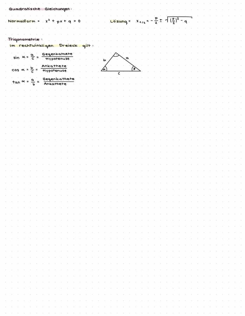 formelsammlung: 10. Klasse
Fiquren: A= Flächeninhalt
Quadrat:
A = 9²
u = 4:a
Dreieck :
A: 9. hg
2
u= a + b + c
Trapez:
a+c
2
A=
h
a
Satz des