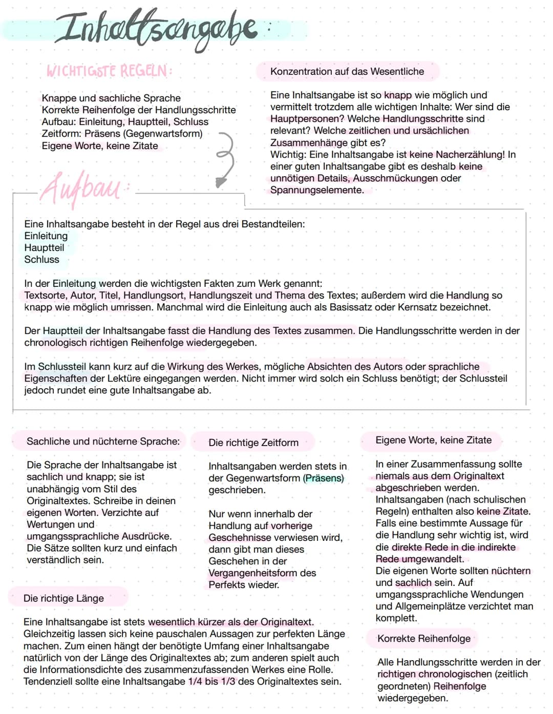 Inhaltsangabe
WICHTIGSTE REGELN:
Knappe und sachliche Sprache
Korrekte Reihenfolge der Handlungsschritte
Aufbau: Einleitung, Hauptteil, Schl