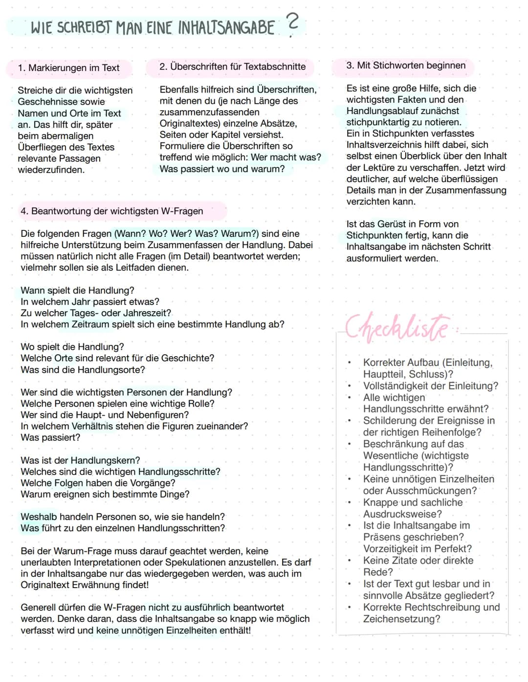 Inhaltsangabe
WICHTIGSTE REGELN:
Knappe und sachliche Sprache
Korrekte Reihenfolge der Handlungsschritte
Aufbau: Einleitung, Hauptteil, Schl