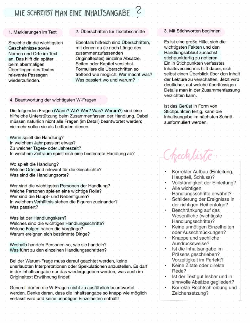 Inhaltsangabe
WICHTIGSTE REGELN:
Knappe und sachliche Sprache
Korrekte Reihenfolge der Handlungsschritte
Aufbau: Einleitung, Hauptteil, Schl