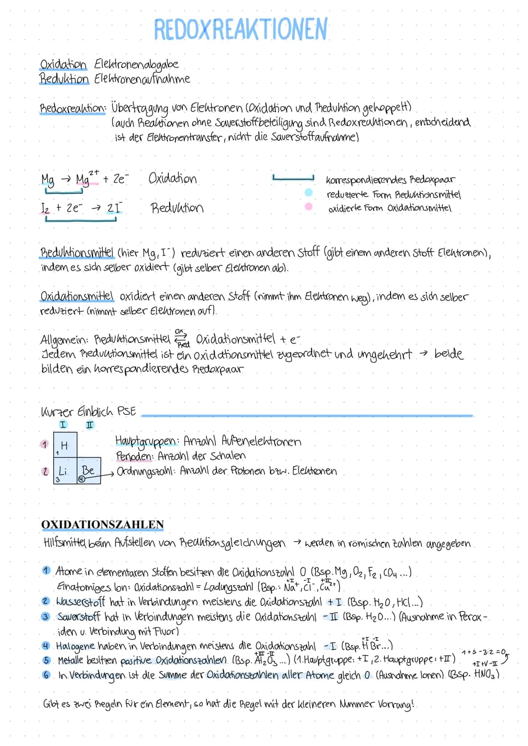 Oxidation Elektronenabgabe
Reduktion Elektronenaufnahme
Redoxreaktion: Übertragung von Elektronen (Oxidation und Reduktion gehoppett)
Mg → M