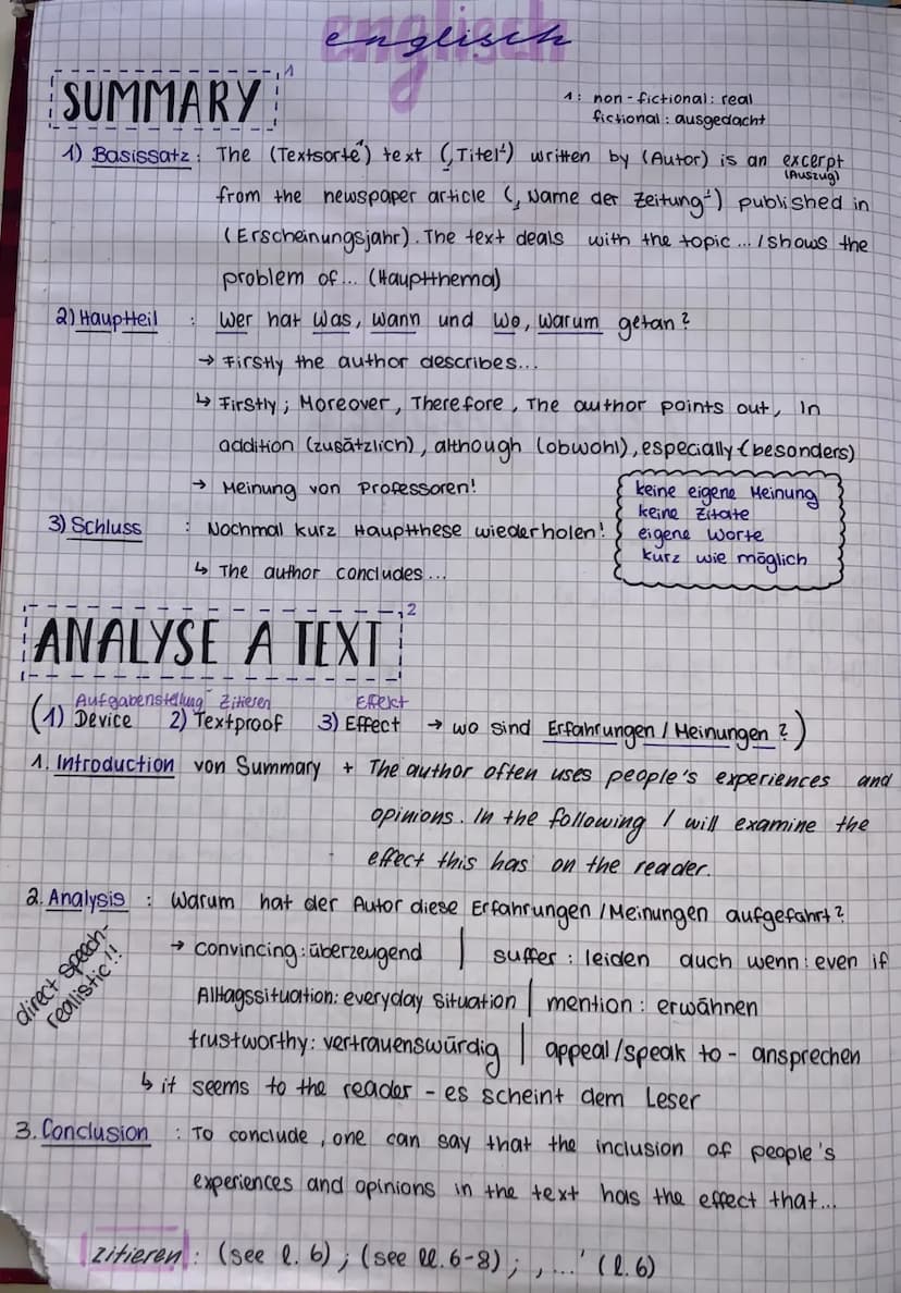 2) HaupHeil
3) Schluss
SUMMARY
1: non-fictional: real
fictional: ausgedacht
1) Basissatz: The (Textsorte) text () Titel') written by (Autor)