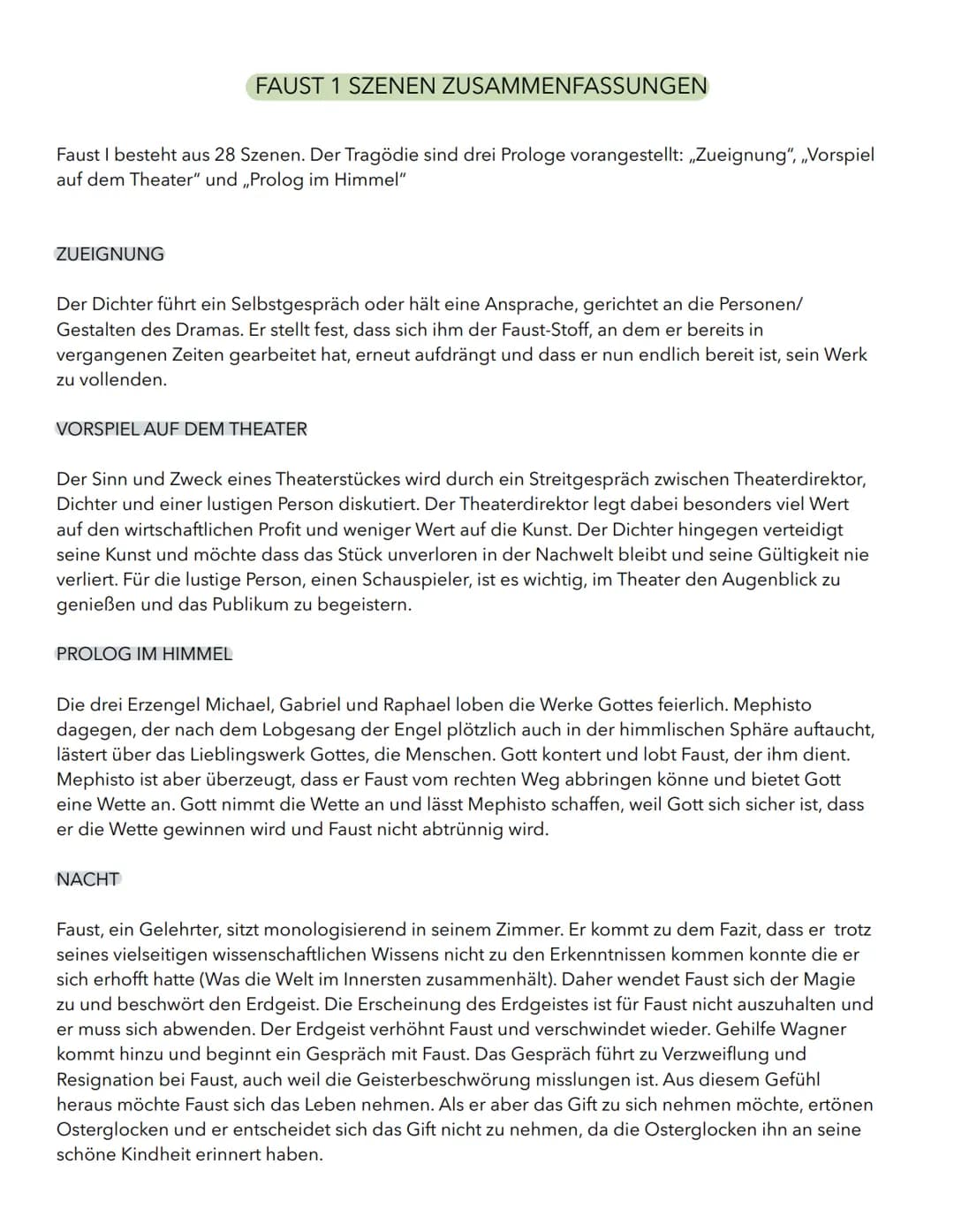 Faust I besteht aus 28 Szenen. Der Tragödie sind drei Prologe vorangestellt: „Zueignung", „Vorspiel
auf dem Theater" und „Prolog im Himmel"

