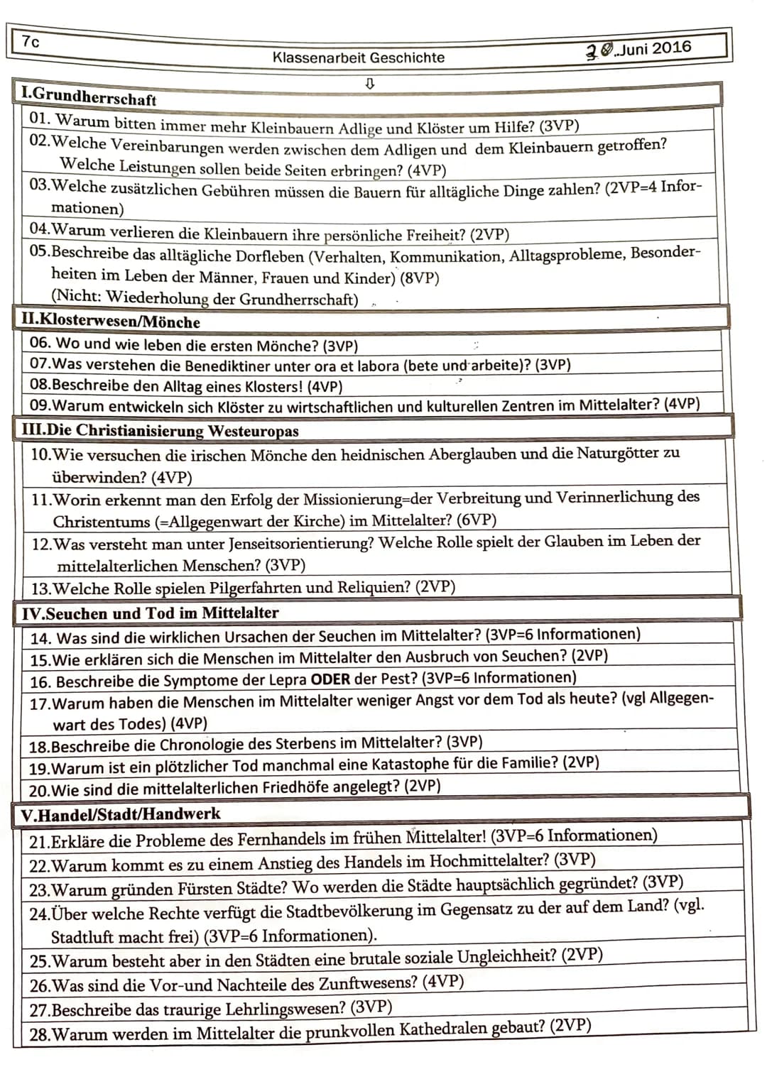 7c
Klassenarbeit Geschichte
↓
3.Juni 2016
I.Grundherrschaft
01. Warum bitten immer mehr Kleinbauern Adlige und Klöster um Hilfe? (3VP)
02. W