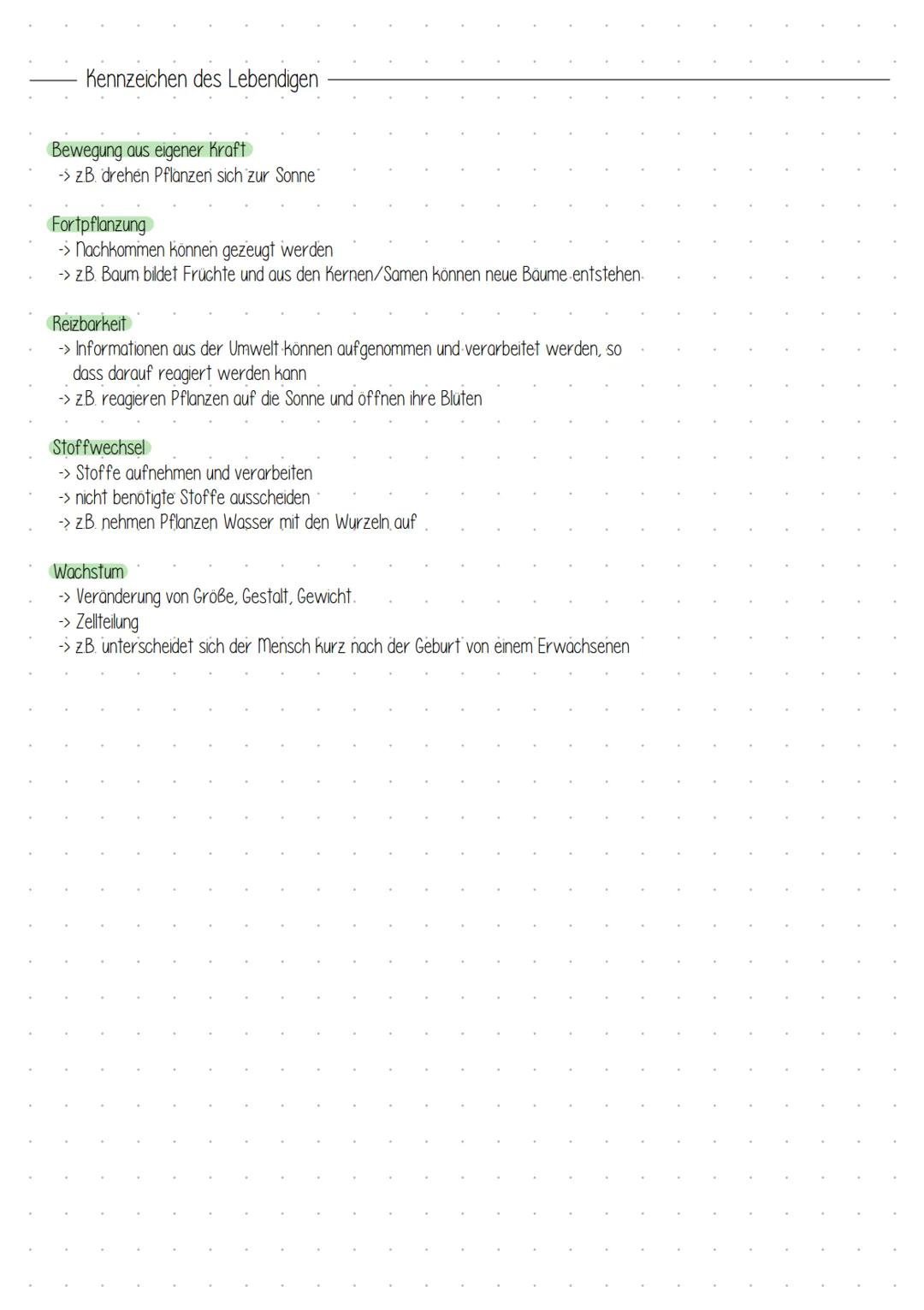 Kennzeichen des Lebendigen

Bewegung aus eigener Kraft
-> zB. drehén Pflanzeri sich zur Sonne

Fortpflanzung
-> Nachkommen können gezeugt we