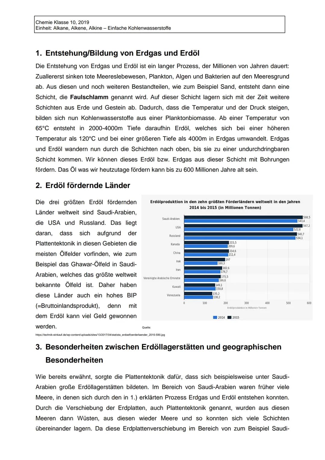 Chemie Klasse 10, 2019
Einheit: Alkane, Alkene, Alkine - Einfache Kohlenwasserstoffe
1. Entstehung/Bildung von Erdgas und Erdöl
Die Entstehu