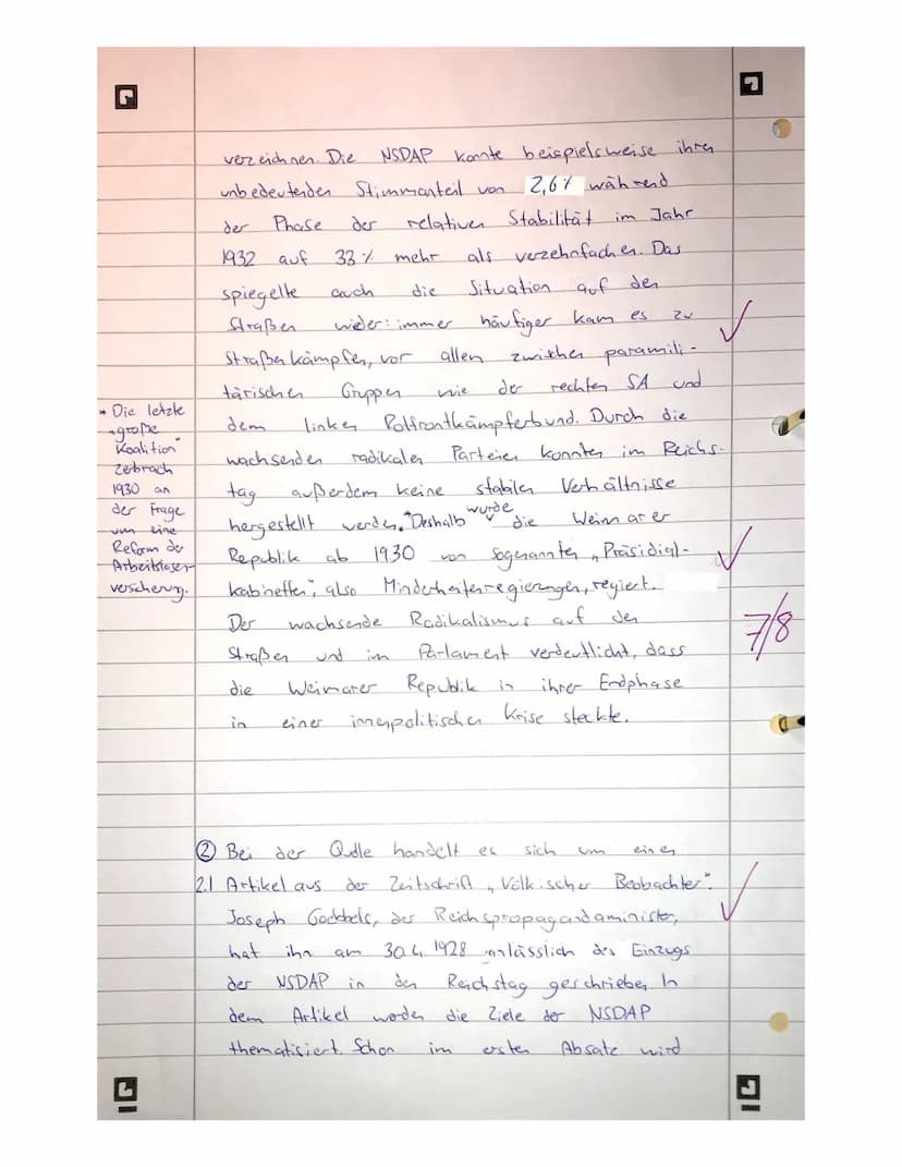 JIA
1. Skizzieren sie die
wirtschaftliche und innenpolitische
Situation in der Endphase der
Weimarer Republik.
2.1 Quellenarbeit, Rede von
G