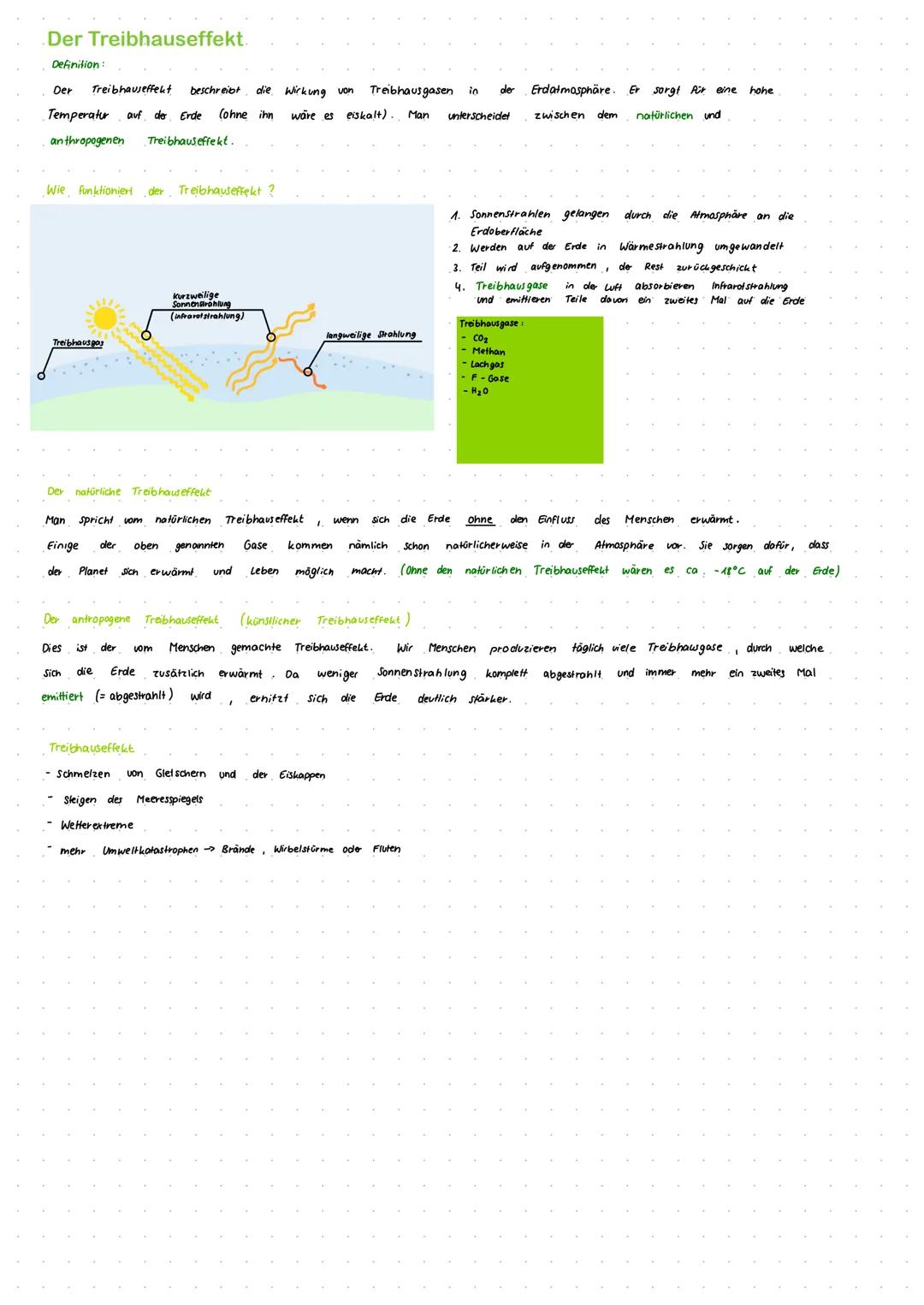 Der Treibhauseffekt.
Definition:
Der Treibhauseffekt beschreibt die Wirkung von Treibhausgasen in der Erdatmosphäre. Er sorgt für eine hohe
