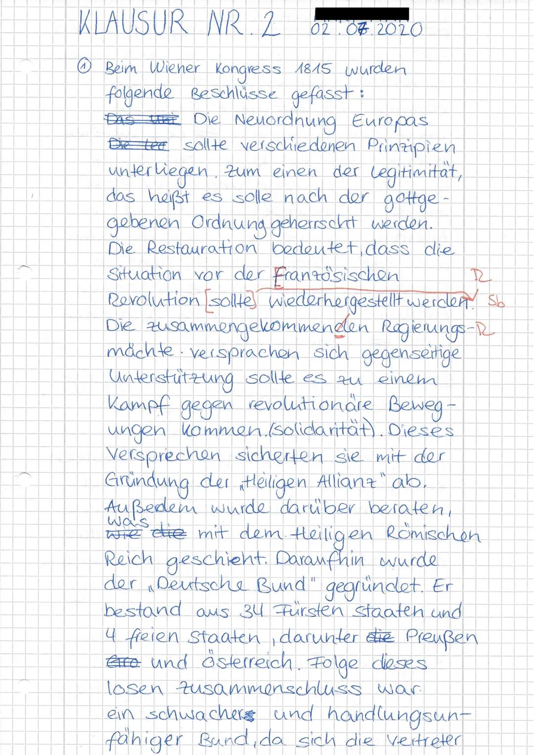 (
K1
Klausur Nr.2
Geschichte
2.07.2020
1. Geben Sie die Ergebnisse des Wiener Kongresses wieder und beschreiben Sie, welche
Folgen diese Bes