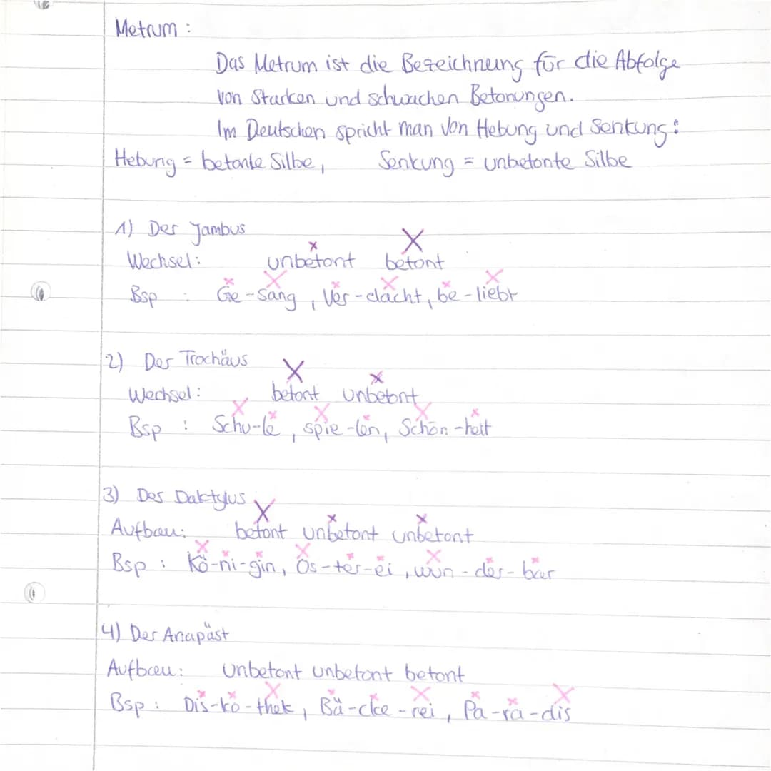 Metrum :
Das Metrum ist die Bezeichnung für die Abfolge
von Stacken und schwachen Betonungen.
Im Deutschen spricht man von Hebung und Senkun