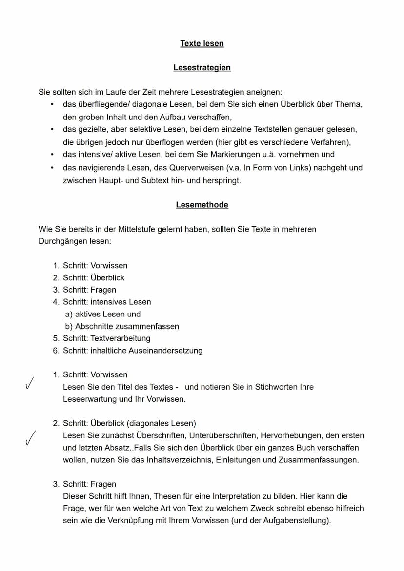  ●
Sie sollten sich im Laufe der Zeit mehrere Lesestrategien aneignen:
das überfliegende/ diagonale Lesen, bei dem Sie sich einen Überblick 