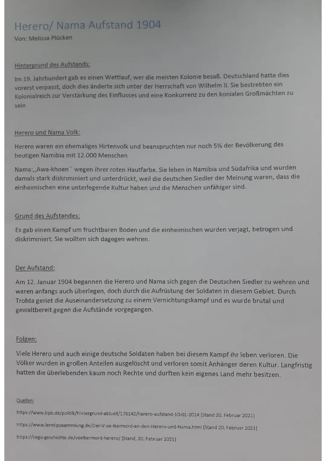 Herero/ Nama Aufstand 1904
Von: Melissa Plücken
Hintergrund des Aufstands:
Im 19. Jahrhundert gab es einen Wettlauf, wer die meisten Kolonie