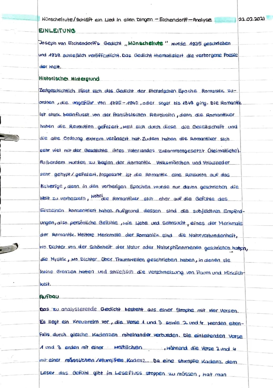 „Wünschelrute/ Schläft ein Lied in allen Dingen“ - Joseph von Eichendorff  Gedichtsanalyse