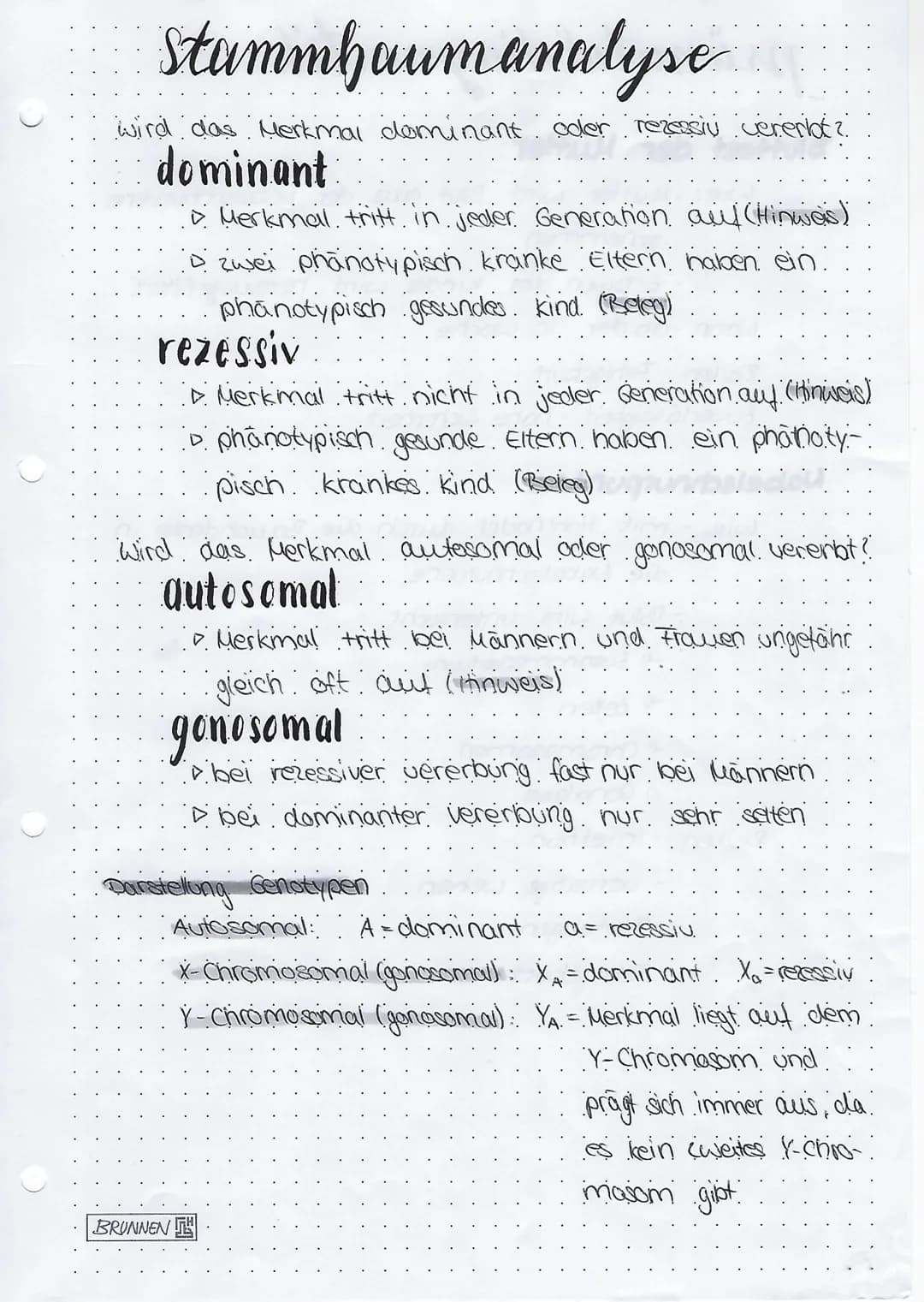 Stammbaum analyse
wird das Merkmal dominant oder rezeasiv cenerlot?
dominant
▸ Merkmall tritt in jeder Generation auf (Hinwas)
D zwei phänot