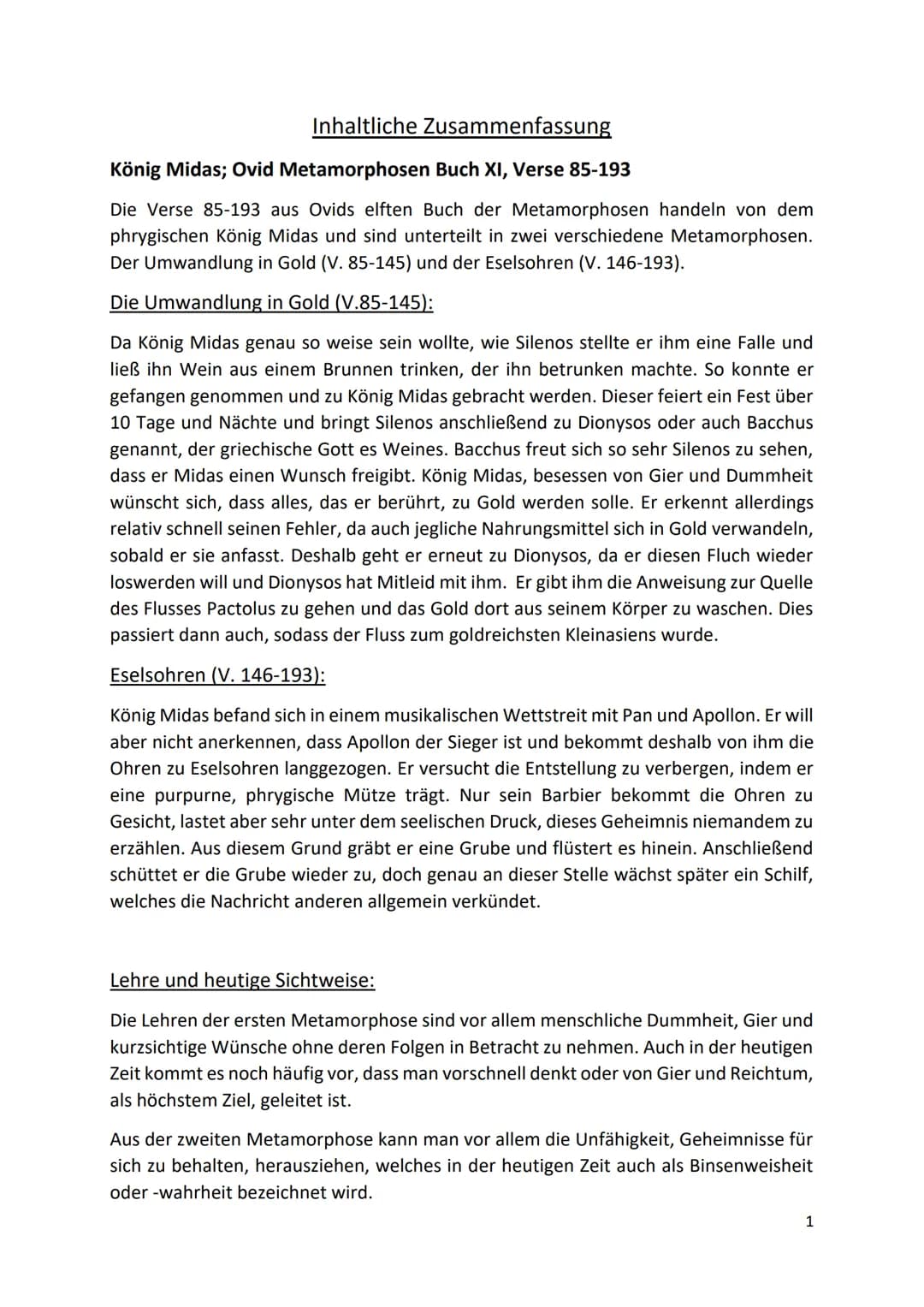 Inhaltliche Zusammenfassung
König Midas; Ovid Metamorphosen Buch XI, Verse 85-193
Die Verse 85-193 aus Ovids elften Buch der Metamorphosen h