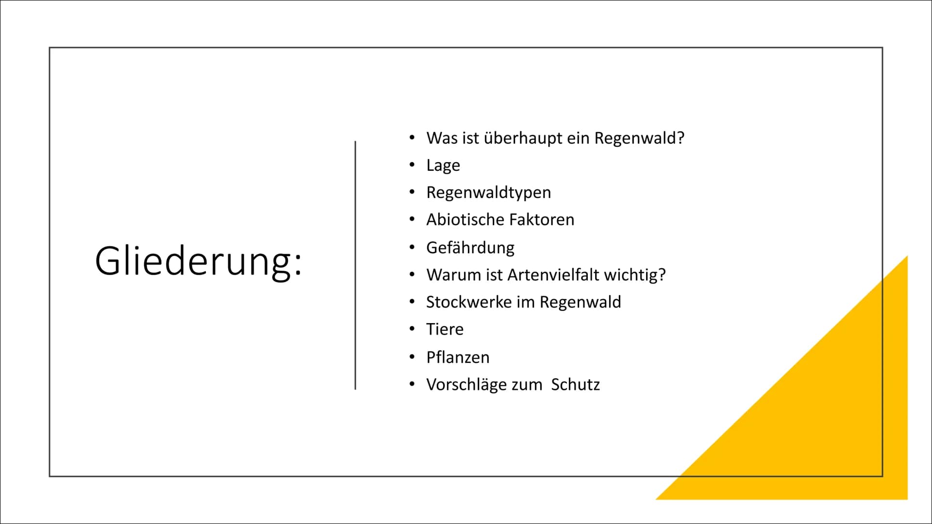 Tropischer Regenwald
Ökosystem in Gefahr
Von Franziska Schanderl und Anna Schreiner Gliederung:
●
●
●
Regenwaldtypen
Abiotische Faktoren
Gef
