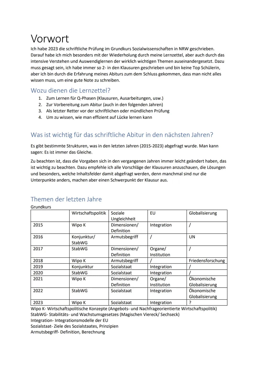 Vorwort
Ich habe 2023 die schriftliche Prüfung im Grundkurs Sozialwissenschaften in NRW geschrieben.
Darauf habe ich mich besonders mit der 