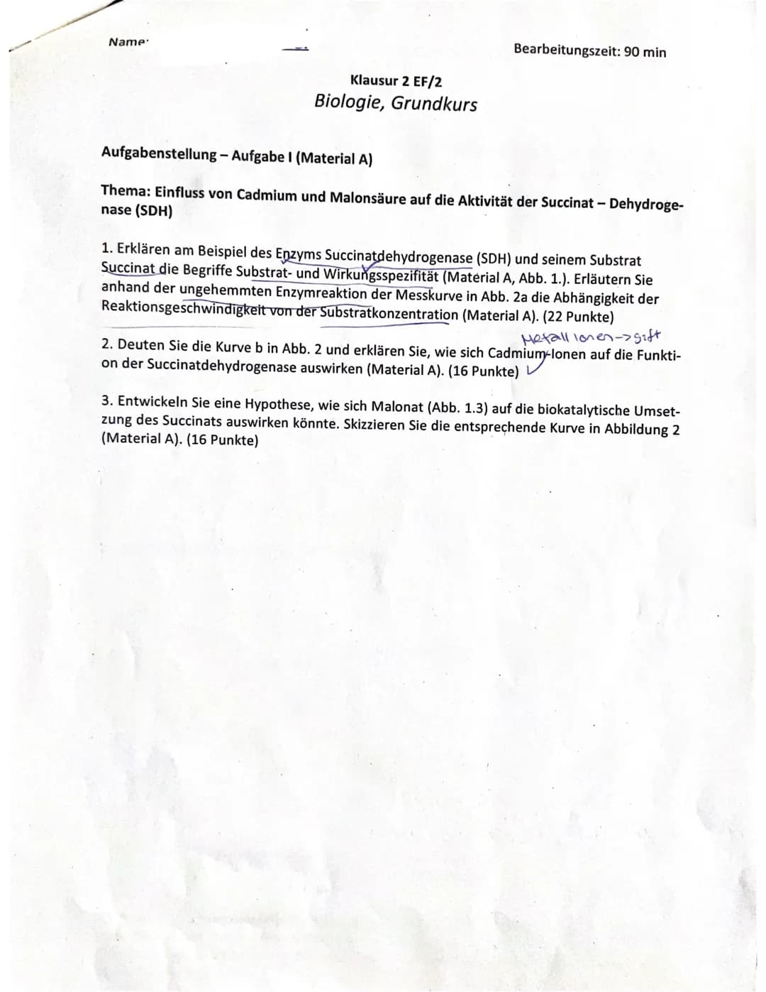Name
Klausur 2 EF/2
Biologie, Grundkurs
Aufgabenstellung - Aufgabe II (Material B)
Bearbeitungszeit: 90 min
Thema: Aids-Therapie
1. Erklären
