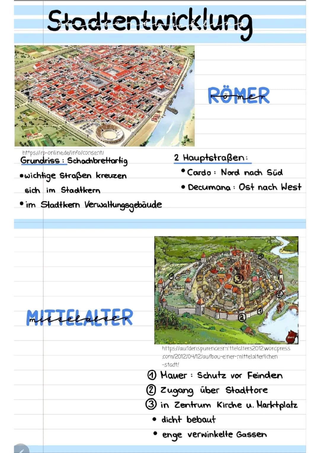 4 Phasen der Stadtentwicklung in Mitteleuropa: Römer, Mittelalter, Renaissance, Industrialisierung