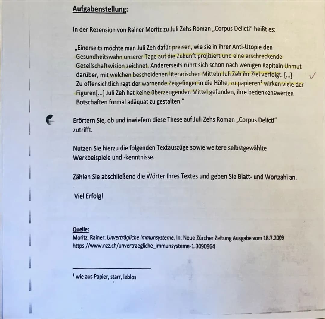 Literarische Erörterung zu Corpus Delicti: Mustervorlagen, Themen & Klausurhilfe