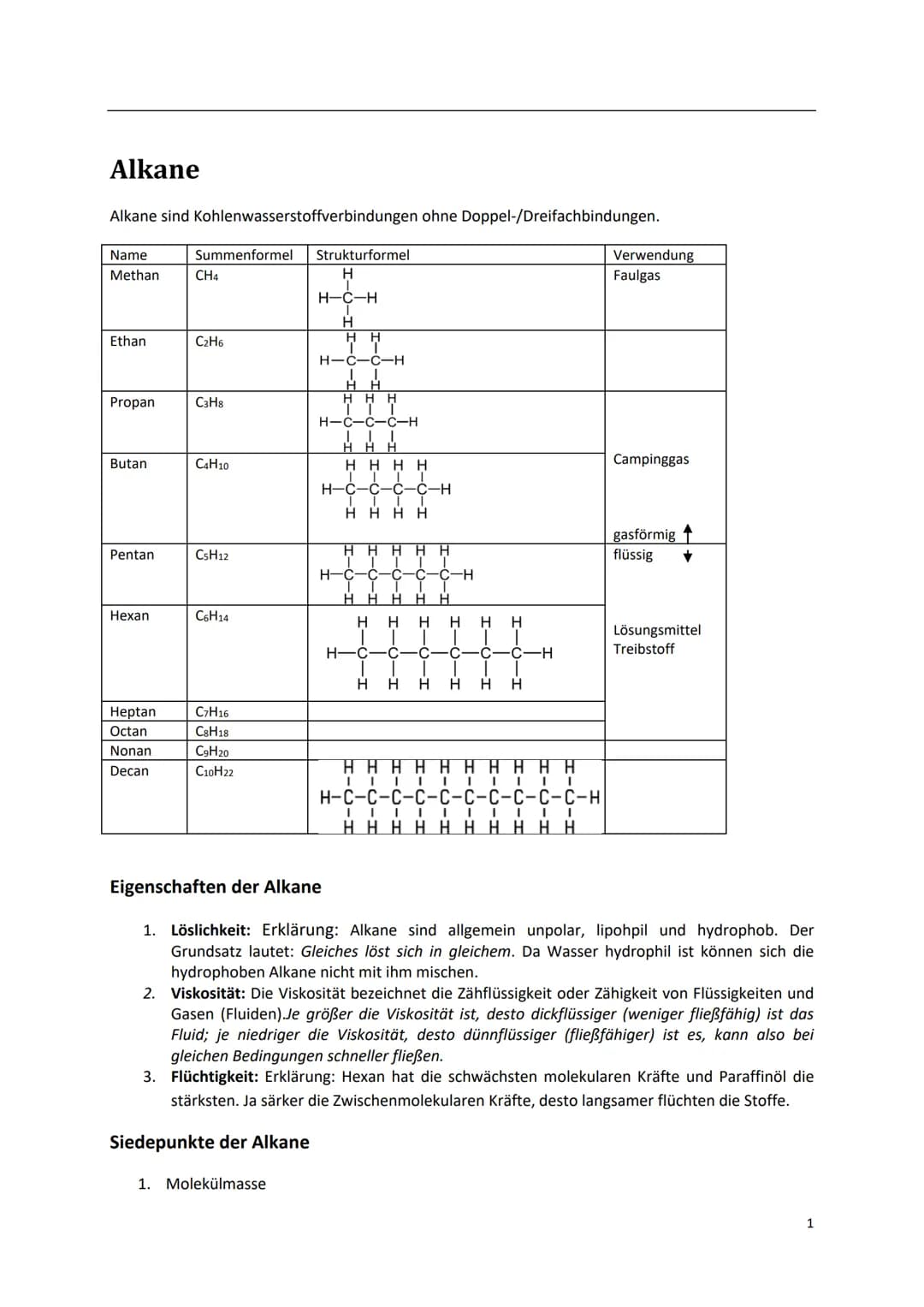 Alkane
Alkane sind Kohlenwasserstoffverbindungen ohne Doppel-/Dreifachbindungen.
Name
Methan
Ethan
Propan
Butan
Pentan
Hexan
Summenformel St