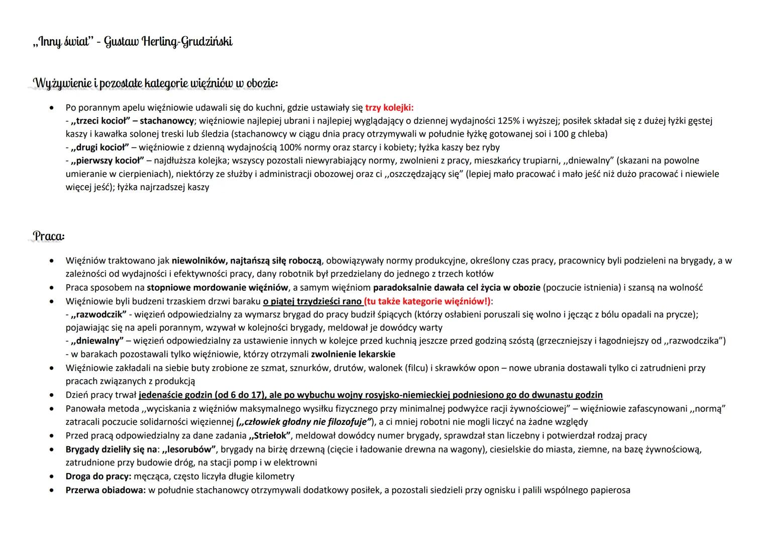 # „Inny świat" - Gustaw Herling-Grudziński

Wyżywienie i pozostałe kategorie więźniów w obozie:

- Po porannym apelu więźniowie udawali się 