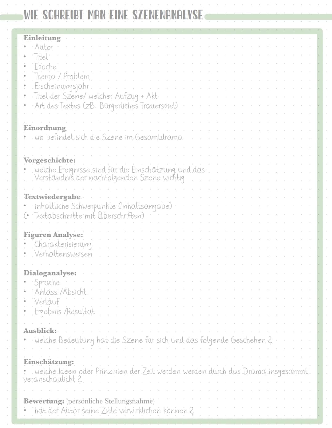 WIE SCHREIBT MAN EINE SZENENANALYSE
Einleitung
•Autor
Titel
Epoche
Thema / Problem
Erscheinungsjahr.
Titel der Szene/ welcher Aufzug + Akt.
