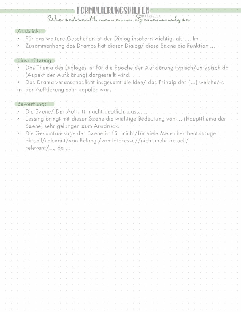 WIE SCHREIBT MAN EINE SZENENANALYSE
Einleitung
•Autor
Titel
Epoche
Thema / Problem
Erscheinungsjahr.
Titel der Szene/ welcher Aufzug + Akt.
