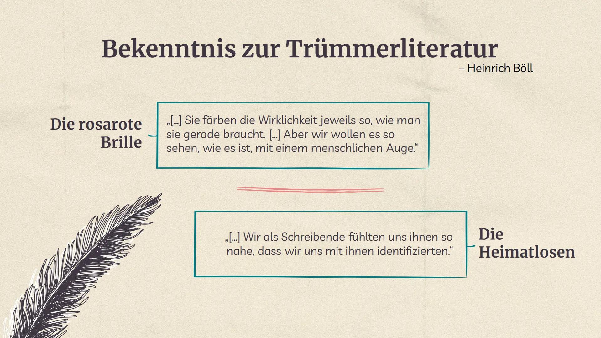 Trümmer-
literatur
- Trümmerliteratur (1945-1950)
Eine deutsche Literaturepoche direkt nach
dem 2. WK, die nur 5 Jahre lang andauert.
Sie be