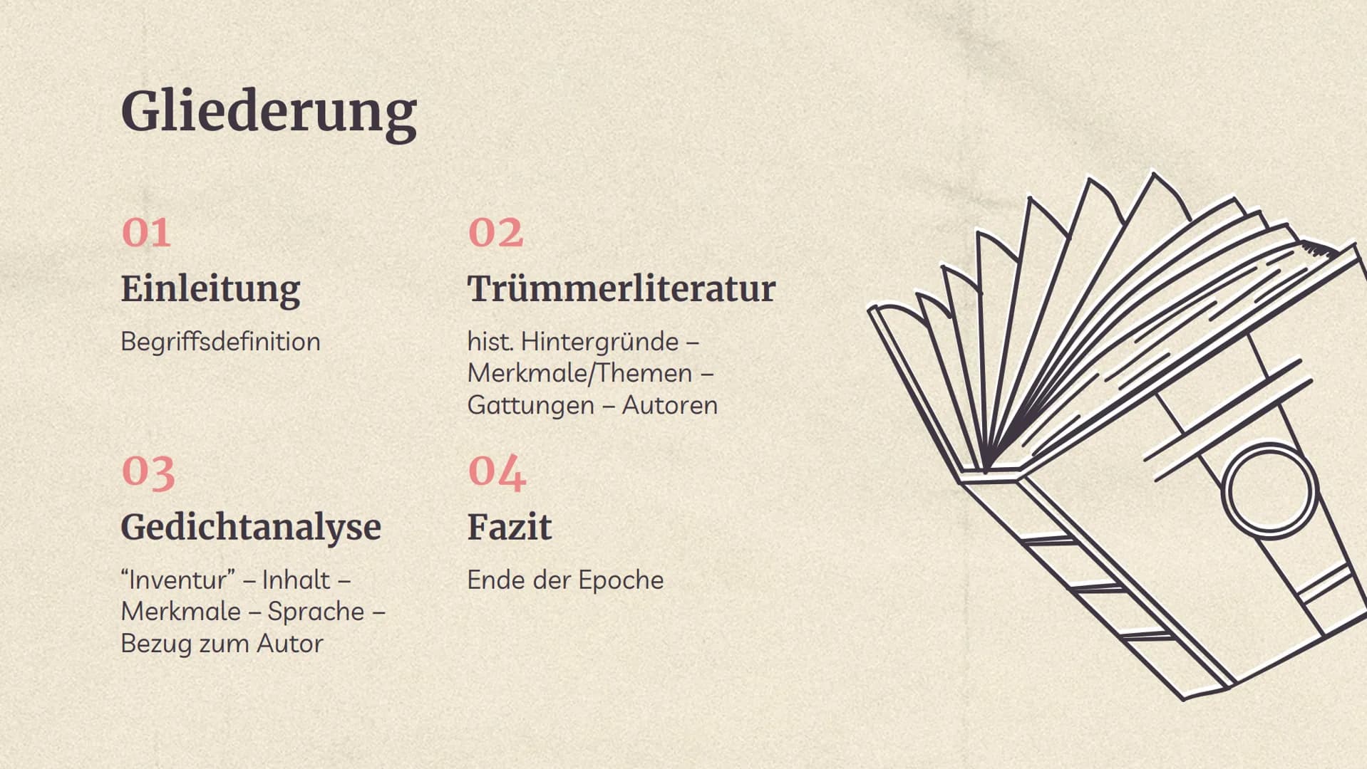 Trümmer-
literatur
- Trümmerliteratur (1945-1950)
Eine deutsche Literaturepoche direkt nach
dem 2. WK, die nur 5 Jahre lang andauert.
Sie be