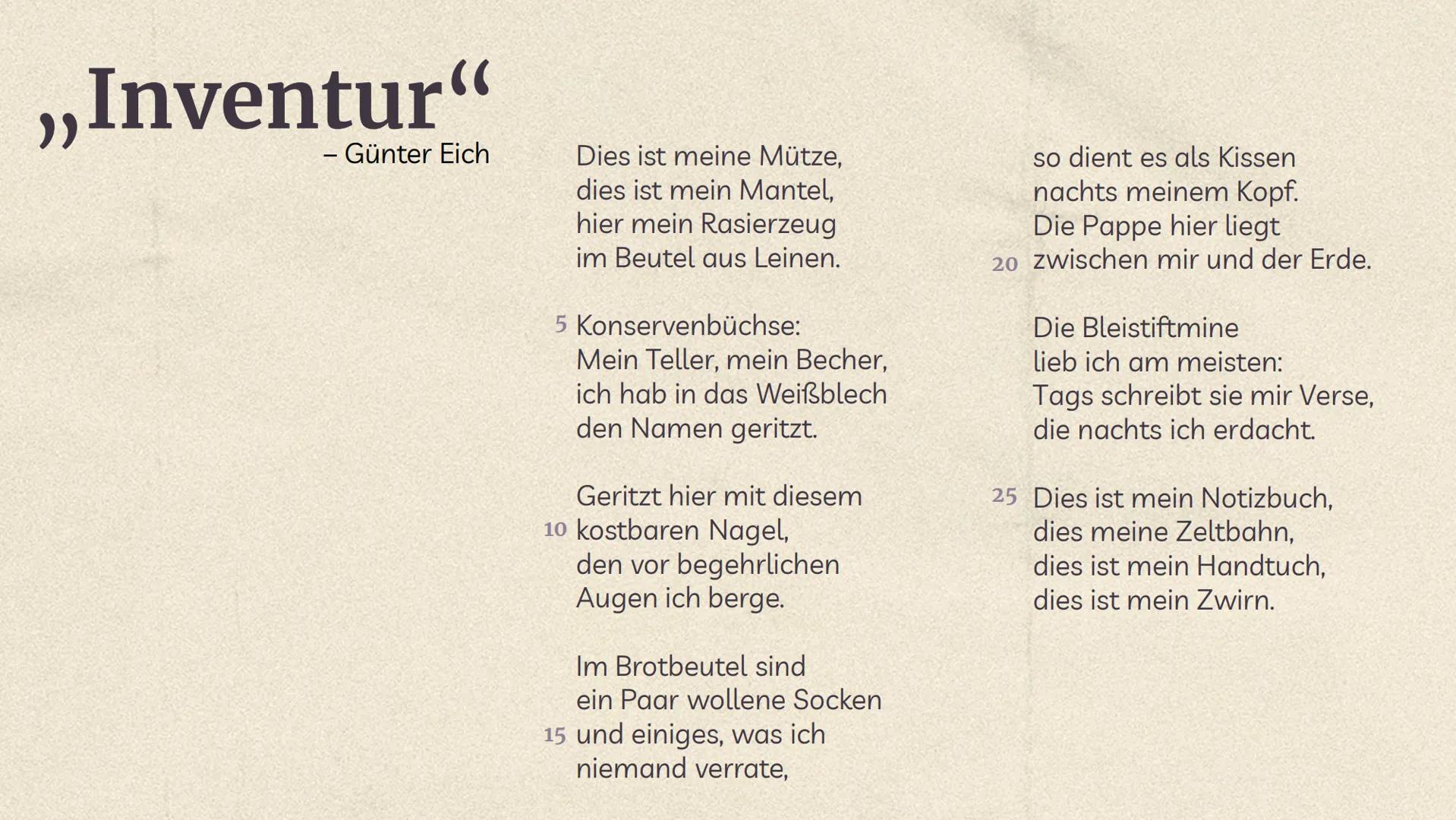 Trümmer-
literatur
- Trümmerliteratur (1945-1950)
Eine deutsche Literaturepoche direkt nach
dem 2. WK, die nur 5 Jahre lang andauert.
Sie be