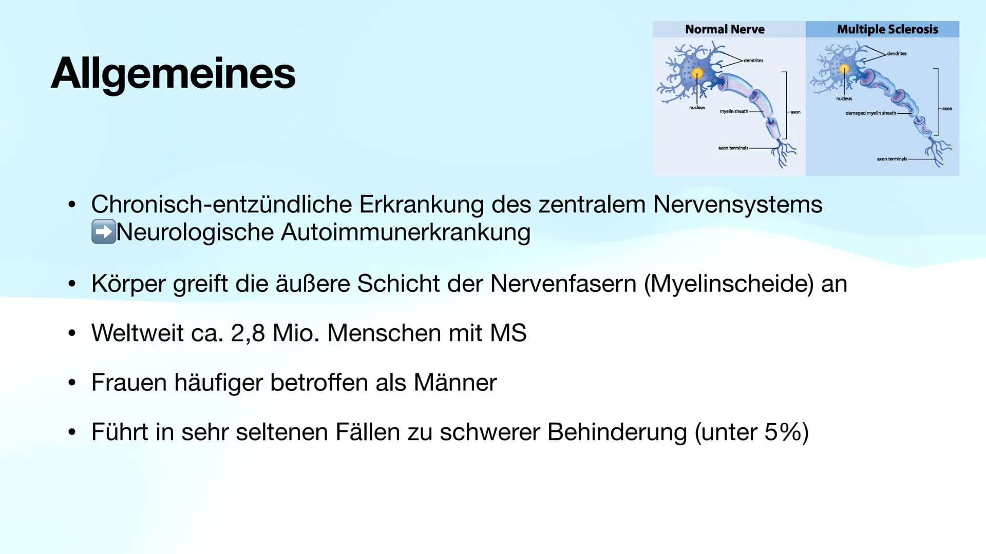 Multiple Sklerose
Biologie-GK Präsentation
Von Sarah Inhaltsverzeichnis
●
●
●
●
●
●
●
●
Allgemeines
Verlaufsformen
Symptome
Diagnose
Therapi