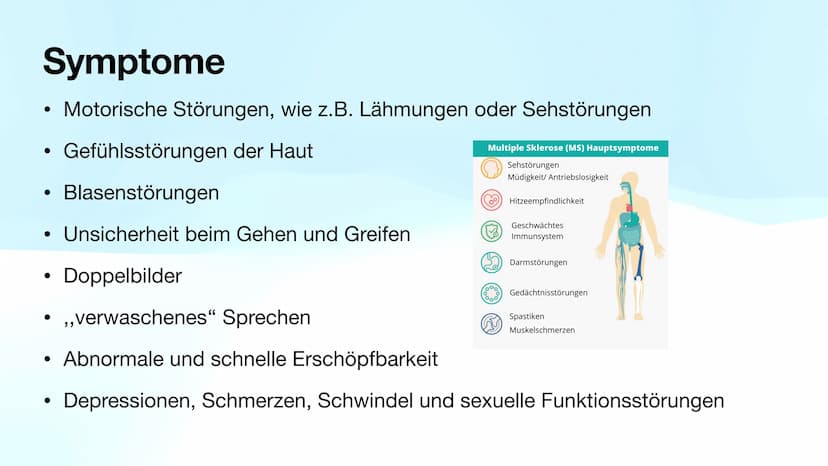 Multiple Sklerose
Biologie-GK Präsentation
Von Sarah Inhaltsverzeichnis
●
●
●
●
●
●
●
●
Allgemeines
Verlaufsformen
Symptome
Diagnose
Therapi