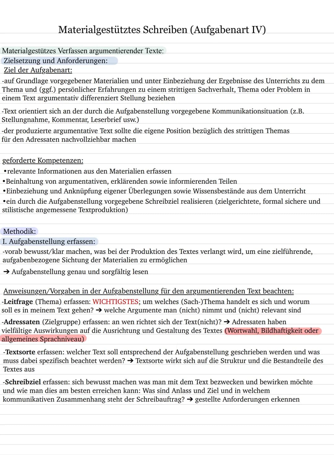 Materialgestütztes Schreiben (Aufgabenart IV)
Materialgestützes Verfassen argumentierender Texte:
Zielsetzung und Anforderungen:
Ziel der Au