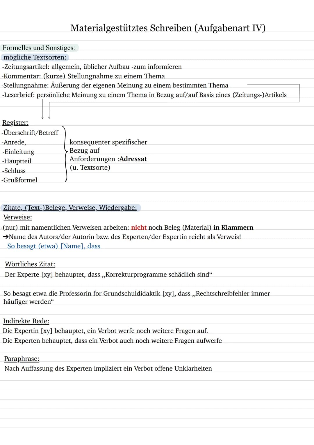 Materialgestütztes Schreiben (Aufgabenart IV)
Materialgestützes Verfassen argumentierender Texte:
Zielsetzung und Anforderungen:
Ziel der Au
