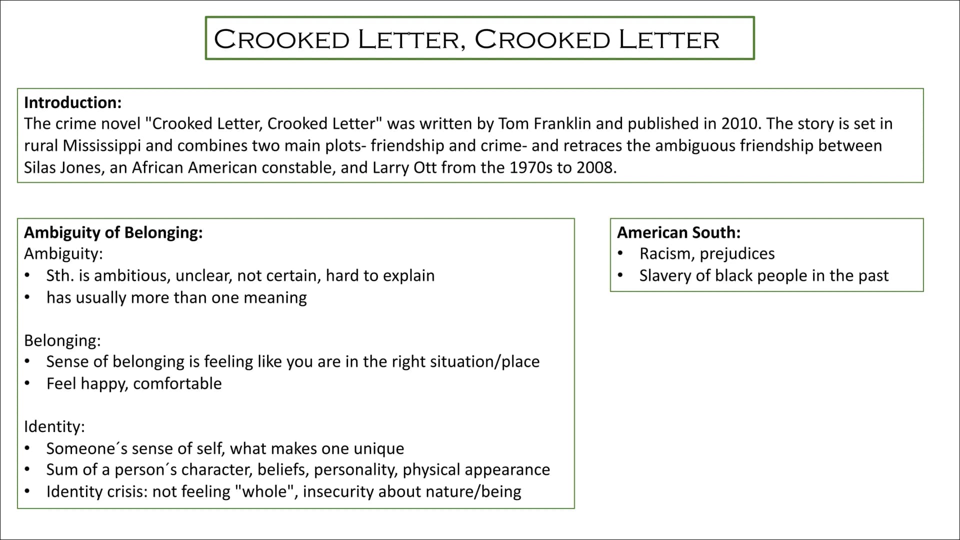 Introduction:
The crime novel "Crooked Letter, Crooked Letter" was written by Tom Franklin and published in 2010. The story is set in
rural 