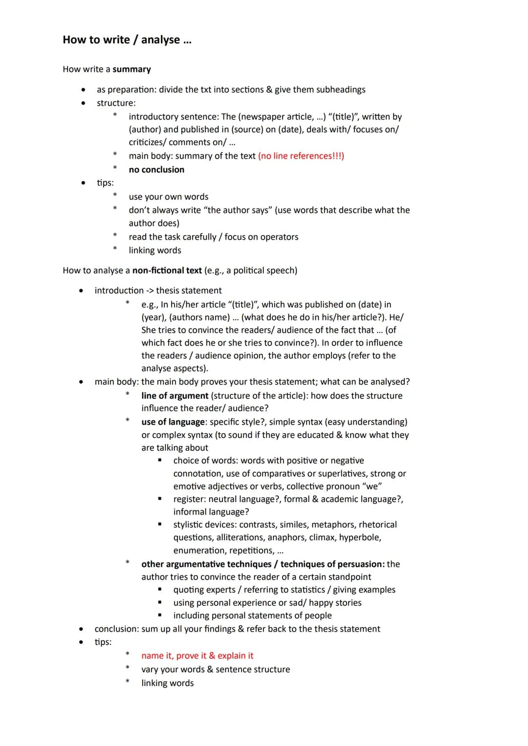 How to write / analyse ...
How write a summary
●
●
●
as preparation: divide the txt into sections & give them subheadings
●
structure:
●
*
t