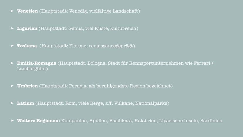 ITALIEN
MENGEN GLIEDERUNG
➤ Lage
➤ Geografie
➤ Flagge
➤ Wirtschaft
➤ Die italienische Geschichte
➤ Politik
➤ Besonderheiten
➤ Fragen?
➤ Quel