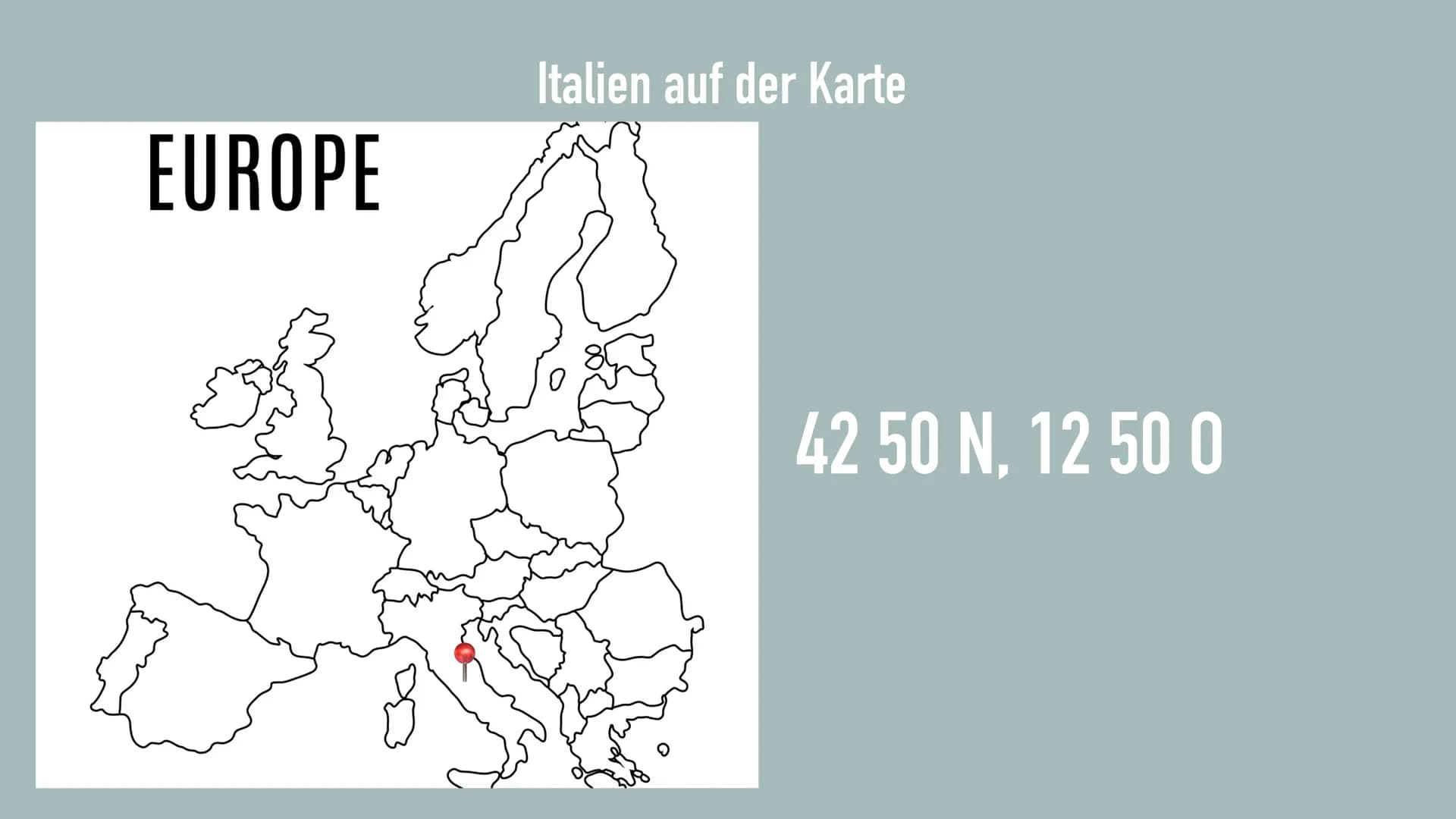 ITALIEN
MENGEN GLIEDERUNG
➤ Lage
➤ Geografie
➤ Flagge
➤ Wirtschaft
➤ Die italienische Geschichte
➤ Politik
➤ Besonderheiten
➤ Fragen?
➤ Quel