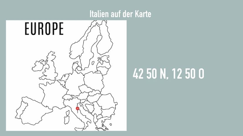 ITALIEN
MENGEN GLIEDERUNG
➤ Lage
➤ Geografie
➤ Flagge
➤ Wirtschaft
➤ Die italienische Geschichte
➤ Politik
➤ Besonderheiten
➤ Fragen?
➤ Quel