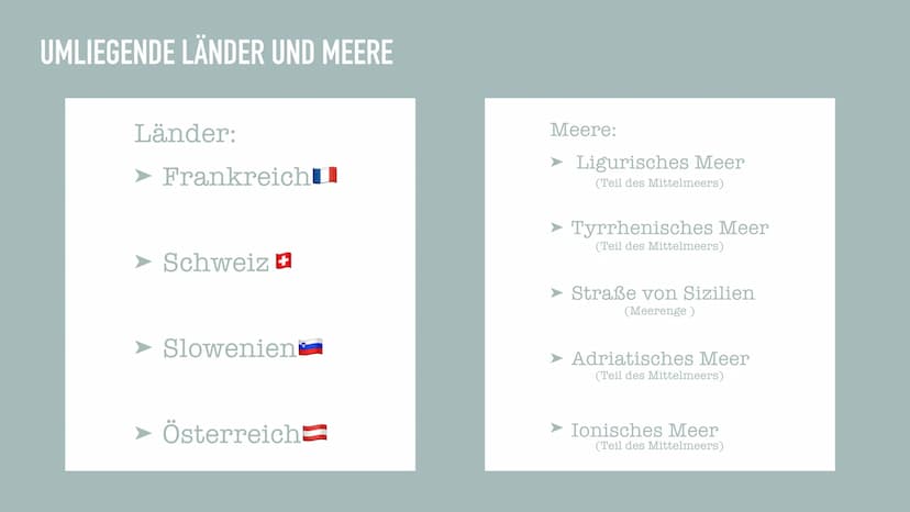 ITALIEN
MENGEN GLIEDERUNG
➤ Lage
➤ Geografie
➤ Flagge
➤ Wirtschaft
➤ Die italienische Geschichte
➤ Politik
➤ Besonderheiten
➤ Fragen?
➤ Quel