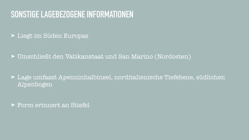 ITALIEN
MENGEN GLIEDERUNG
➤ Lage
➤ Geografie
➤ Flagge
➤ Wirtschaft
➤ Die italienische Geschichte
➤ Politik
➤ Besonderheiten
➤ Fragen?
➤ Quel