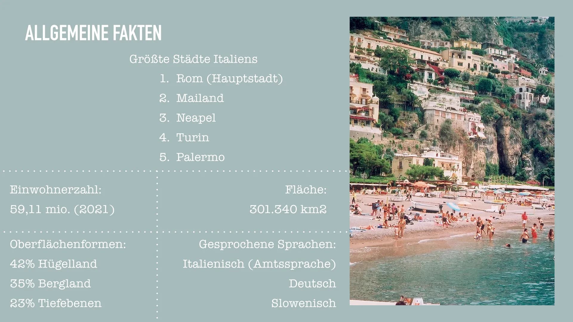 ITALIEN
MENGEN GLIEDERUNG
➤ Lage
➤ Geografie
➤ Flagge
➤ Wirtschaft
➤ Die italienische Geschichte
➤ Politik
➤ Besonderheiten
➤ Fragen?
➤ Quel