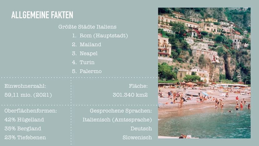 ITALIEN
MENGEN GLIEDERUNG
➤ Lage
➤ Geografie
➤ Flagge
➤ Wirtschaft
➤ Die italienische Geschichte
➤ Politik
➤ Besonderheiten
➤ Fragen?
➤ Quel