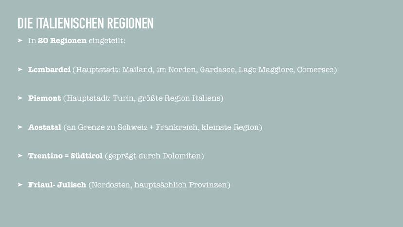 ITALIEN
MENGEN GLIEDERUNG
➤ Lage
➤ Geografie
➤ Flagge
➤ Wirtschaft
➤ Die italienische Geschichte
➤ Politik
➤ Besonderheiten
➤ Fragen?
➤ Quel