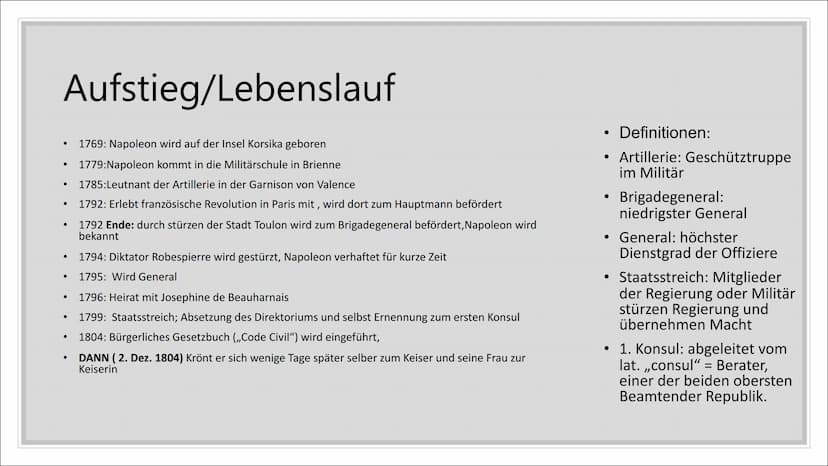 Napoleon Bonapartes
Auf- und Abgestieg ●
Geburt / Kindheit
-> Familien Stammbaum
Aufstieg/Lebenslauf
Ziele (Welche er verwirklichen konnte)
