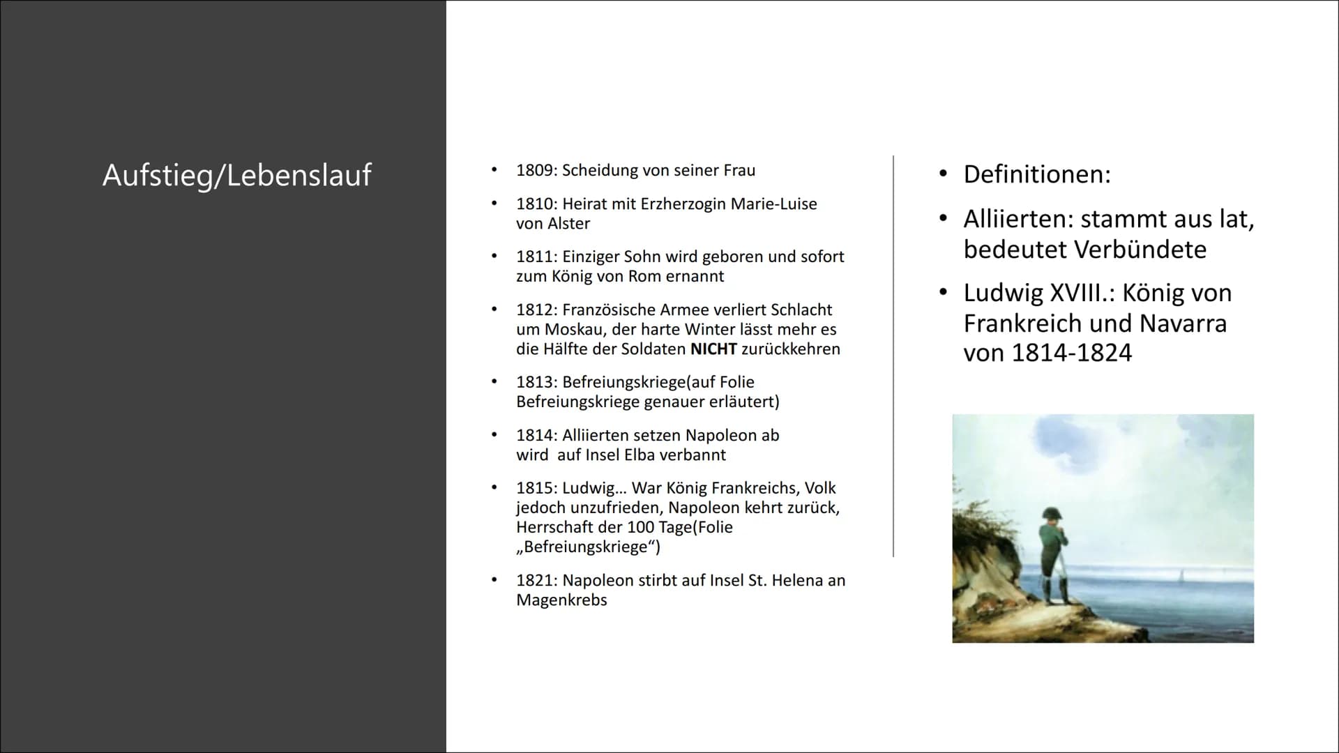 Napoleon Bonapartes
Auf- und Abgestieg ●
Geburt / Kindheit
-> Familien Stammbaum
Aufstieg/Lebenslauf
Ziele (Welche er verwirklichen konnte)
