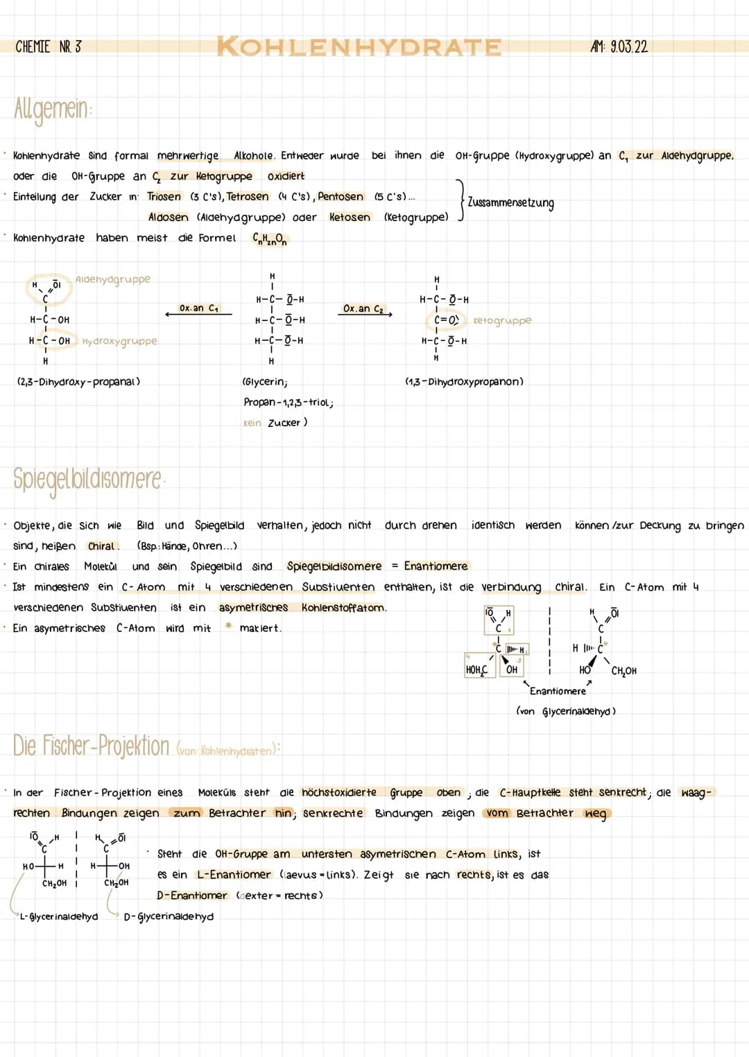 CHEMIE NR. 3
Allgemein
Kohlenhydrate Sind formal mehrwertige Alkohole. Entweder wurde bei ihnen die OH-Gruppe (Hydroxygruppe) an C, zur Alde