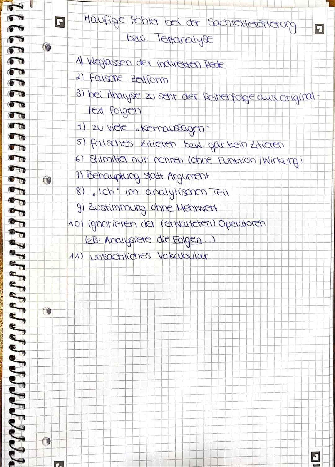 G
Häufige Fehler bei der Sachtexterörterung 7
bzw. Textanalyse
1) Weglassen der indirekten Rede
21 faische Zeitform
3) bei Analyse zu sehr d