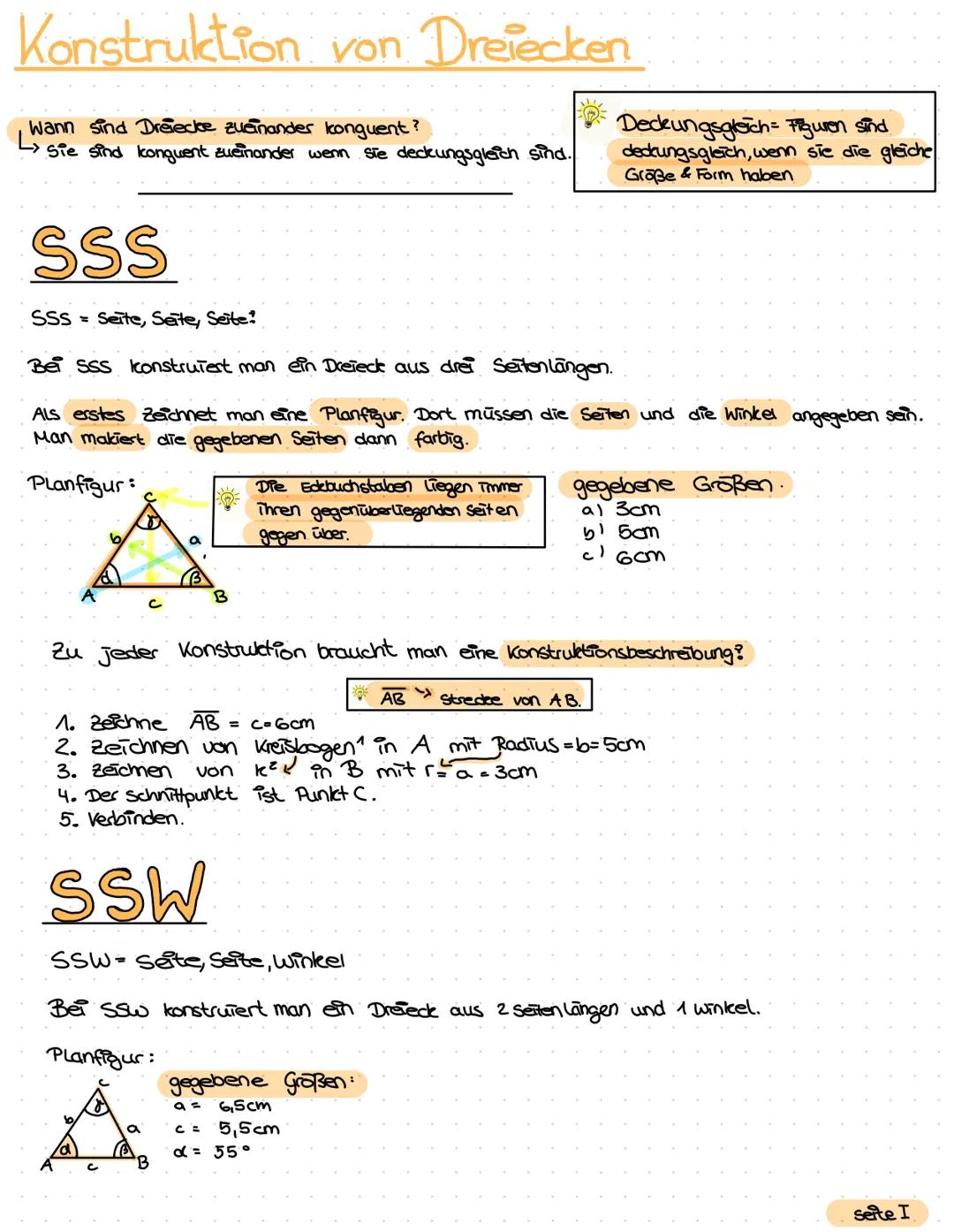 Konstruktion von Dreiecken
Wann sind Dreiecke zueinander konguent?
L> Sie sind konguent zueinander wenn Sie deckungsgleich sind.
SSS
SSS = S